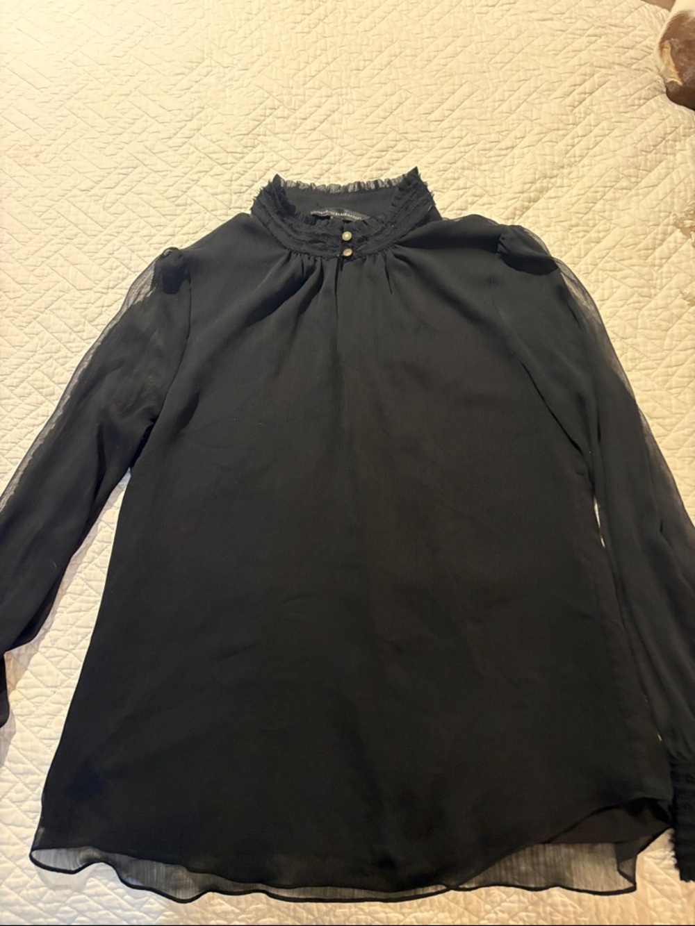 White House Black Market Black Sheer-Sleeve Ruffle Mock Neck Blouse